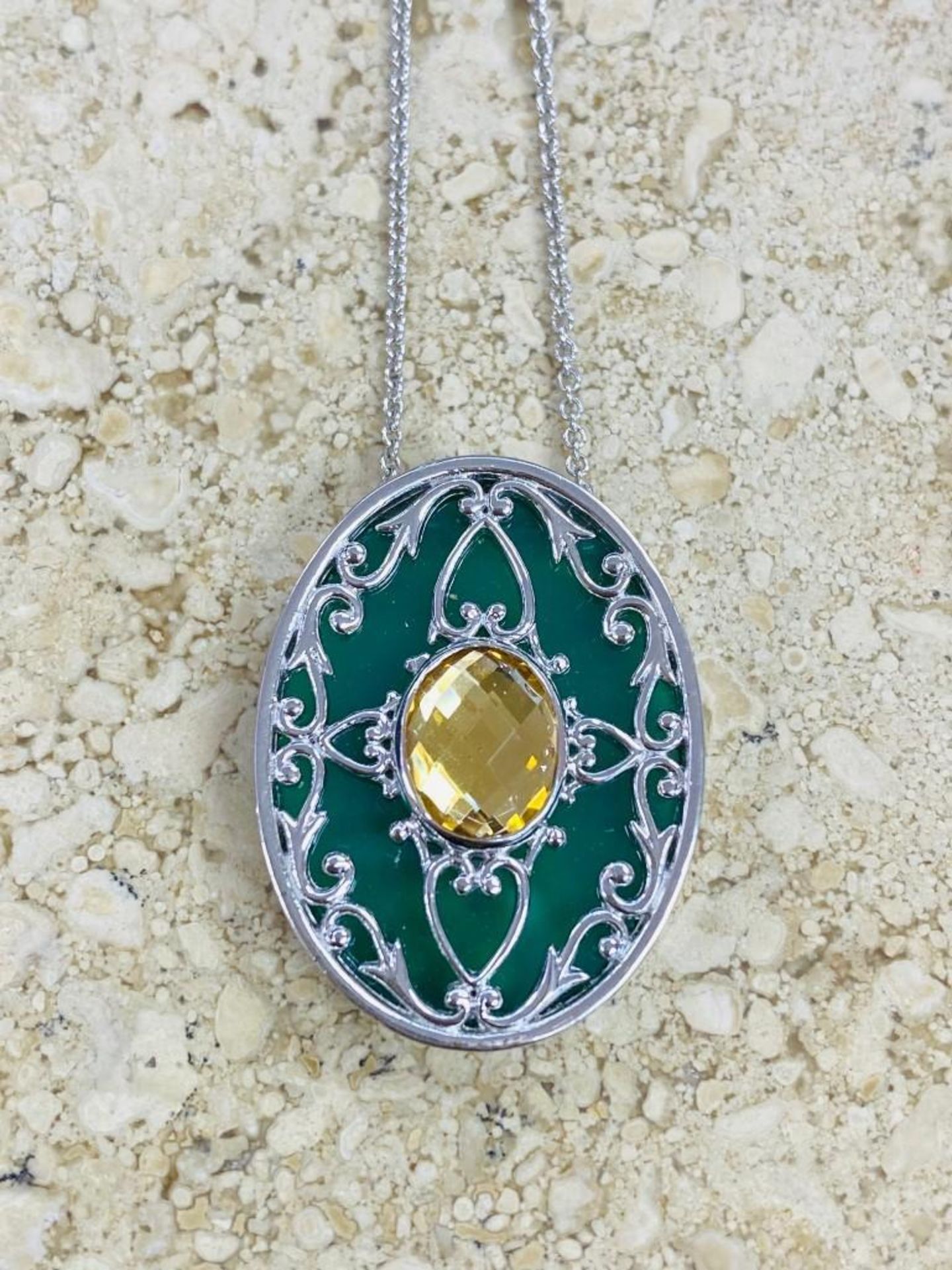 STERLING SILVER CITRINE AND GREEN STONE NECKLACE. 925 STERLING SILVER. NAME BRAND. 7.2 GRAMS. - Image 2 of 2