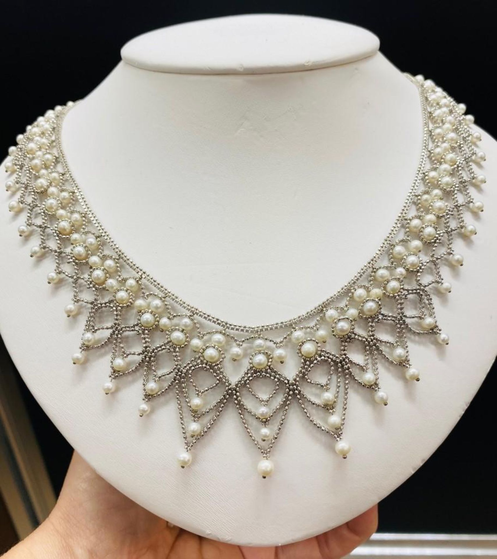 STERLING SILVER AND PEARL LACE NECKLACE. 17.5 INCHES FRESHWATER PEARLS. 925 STER - Image 2 of 3