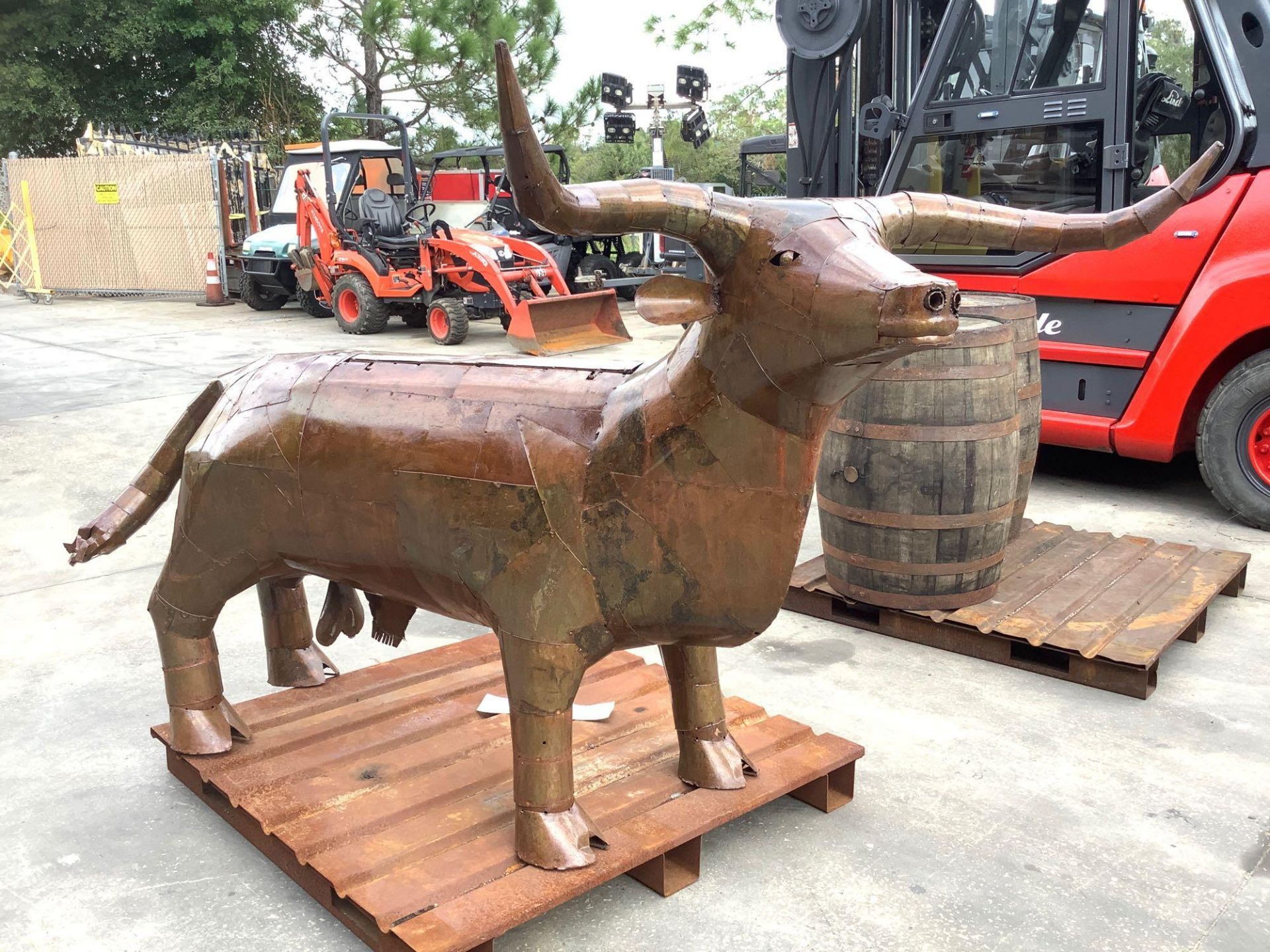 UNUSED LARGE METAL BULL CHARCOAL GRILL, APPROX 79IN LONG