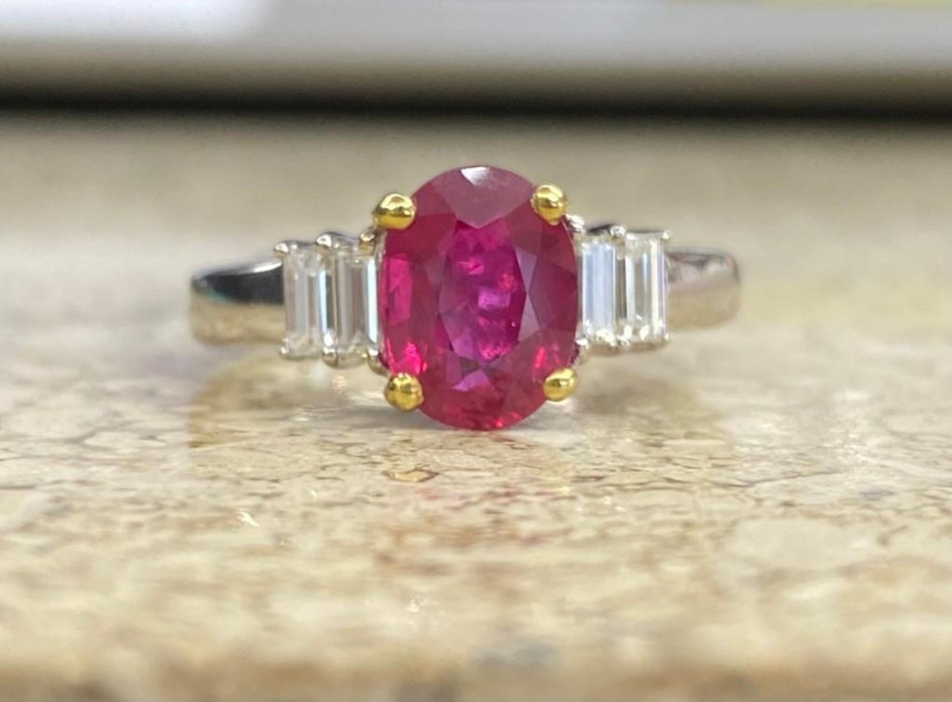 CLARITY ENHANCED RUBY AND BAGUETTE DIAMOND RING. APPROXIMATELY 2.10CT RUBY. APPROXIMATELY .40CT NICE - Image 2 of 2