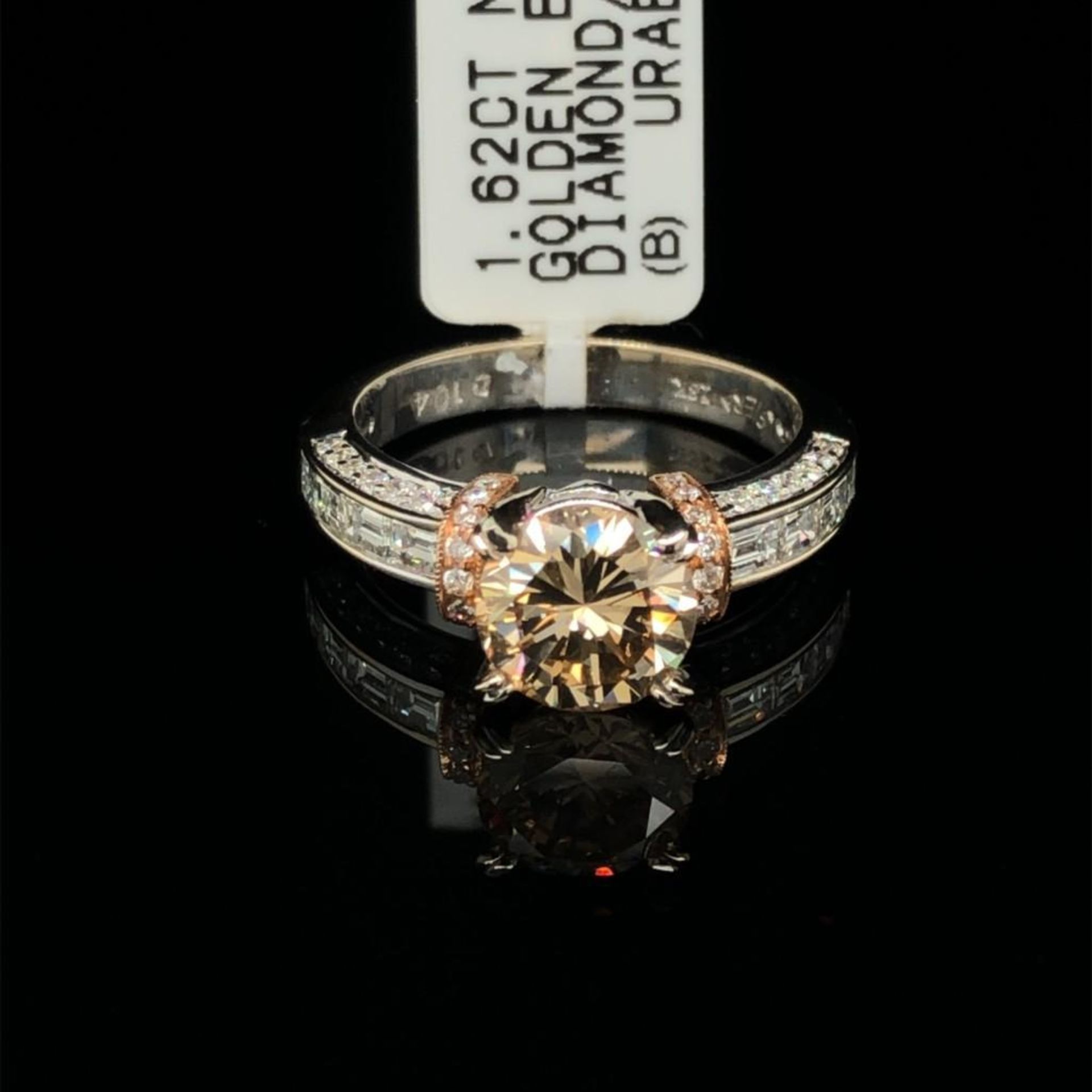 2.66CT TW NATURAL GOLDEN BROWN DIAMOND AND WHITE DIAMOND RING. 18K WHITE GOLD. CENTER STONE WEIGHS A