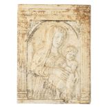 A Renaissance Carrara marble bas-relief architectural fragment depicting the Madonna and Child, sign