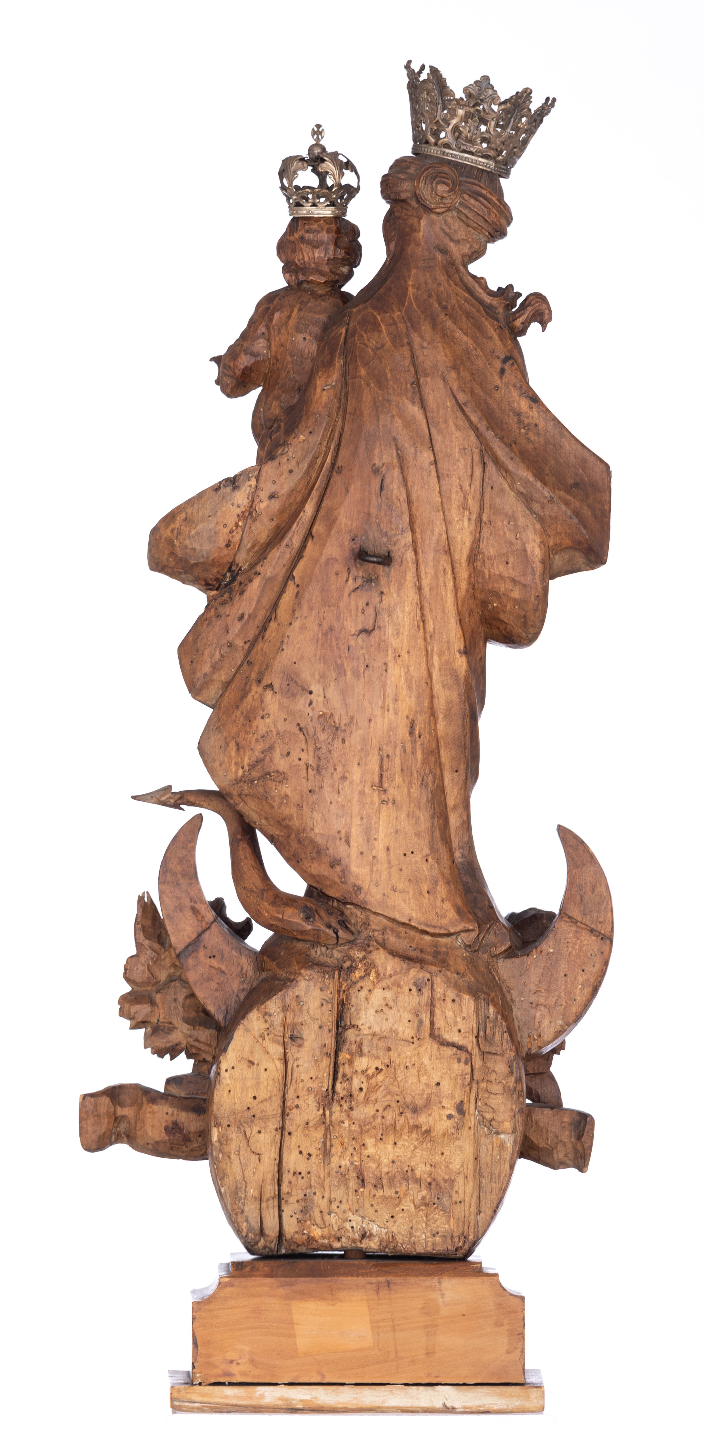 A walnut sculpture of the Madonna holding the Holy Child and standing on the crescent moon destroyin - Image 3 of 19