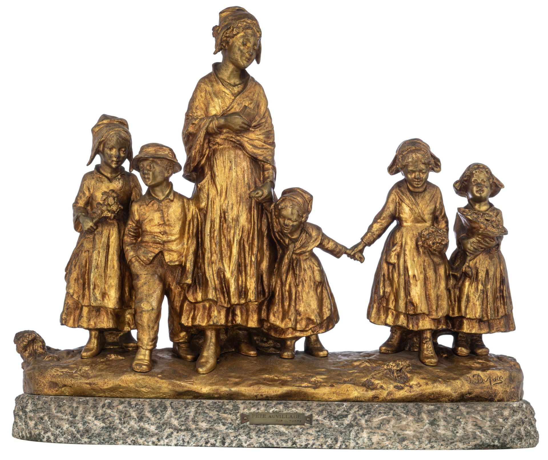 D'Aste J., 'Fˆte au village', gilt and patinated bronze, on a rough green marble base, H (with base)