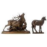 MŠne P.J., a patinated bronze sculpture depicting three hunting dogs attacking a large stag, H 28 cm