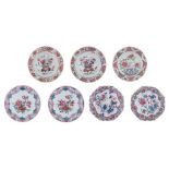 Six Chinese famille rose export porcelain dishes, finely enamelled with various still lifes of bloss