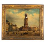 An automaton picture clock, the painting depicting the market square of Bruges, with the enamelled d