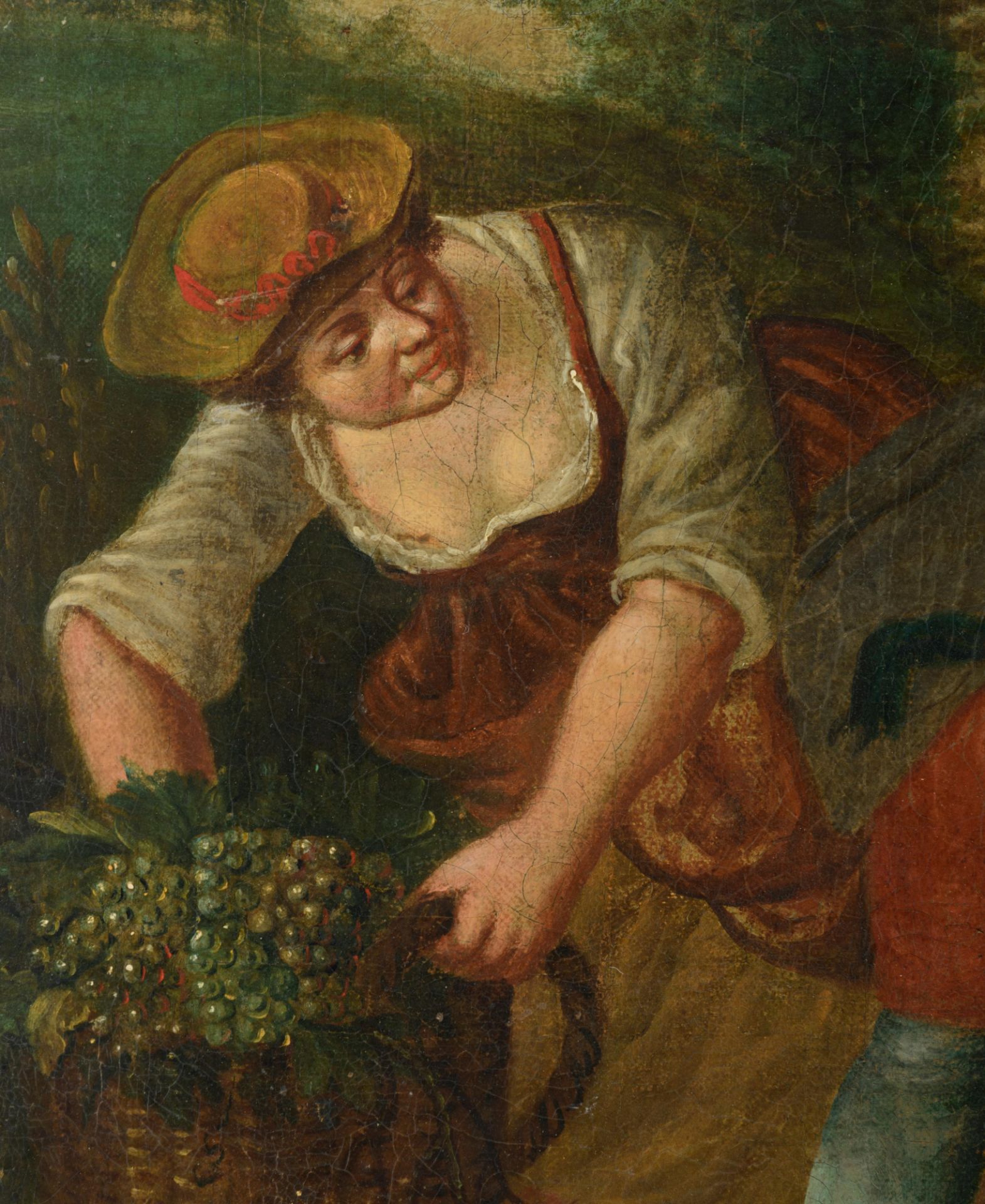 No visible signature, a genre painting depicting the harvest, 18th/19thC, oil on canvas, 66 x 69 cm - Bild 5 aus 8