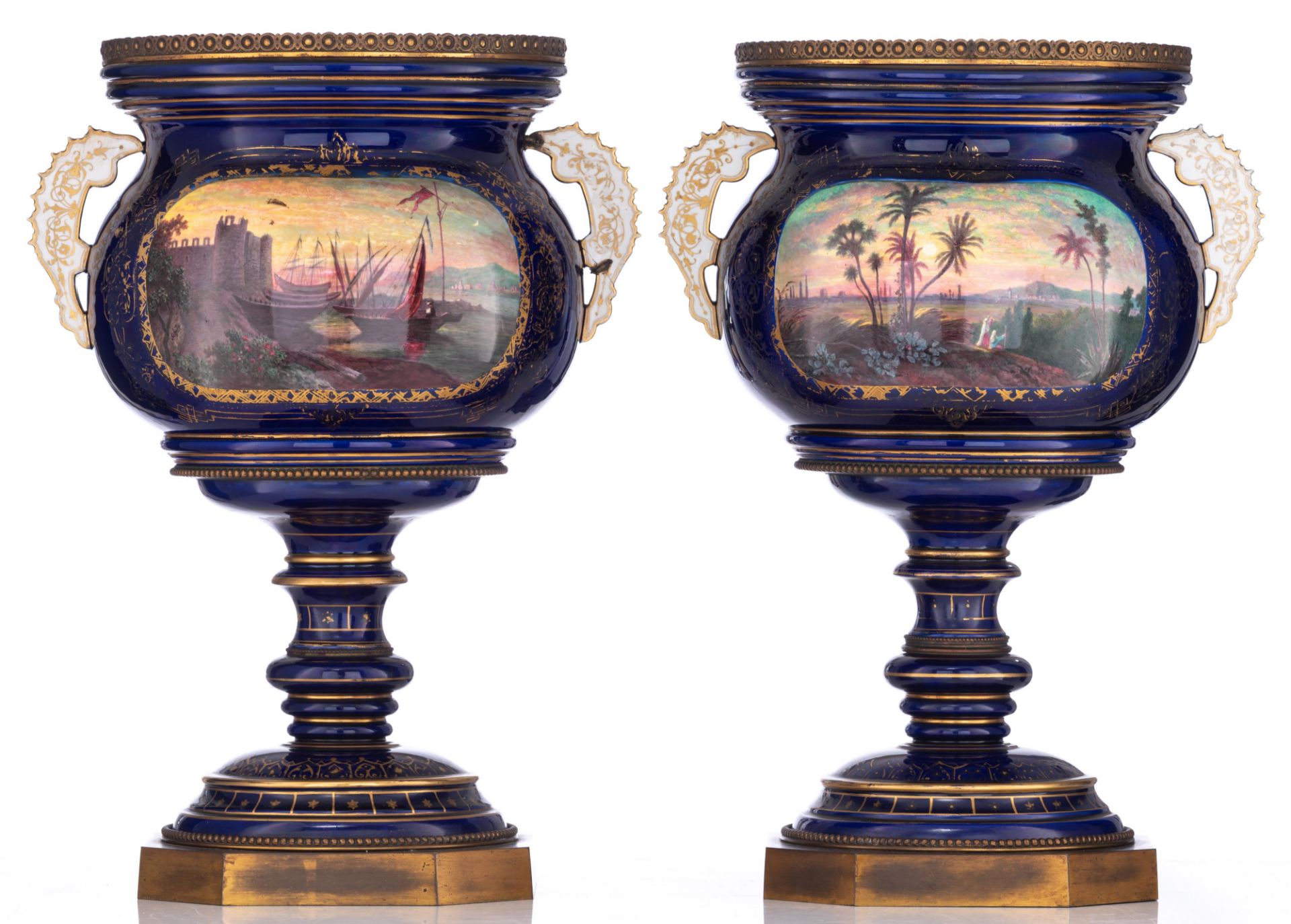 A pair of bleu royale ground SŠvres vases with brass mounts, the roundels polychrome decorated with - Image 3 of 13