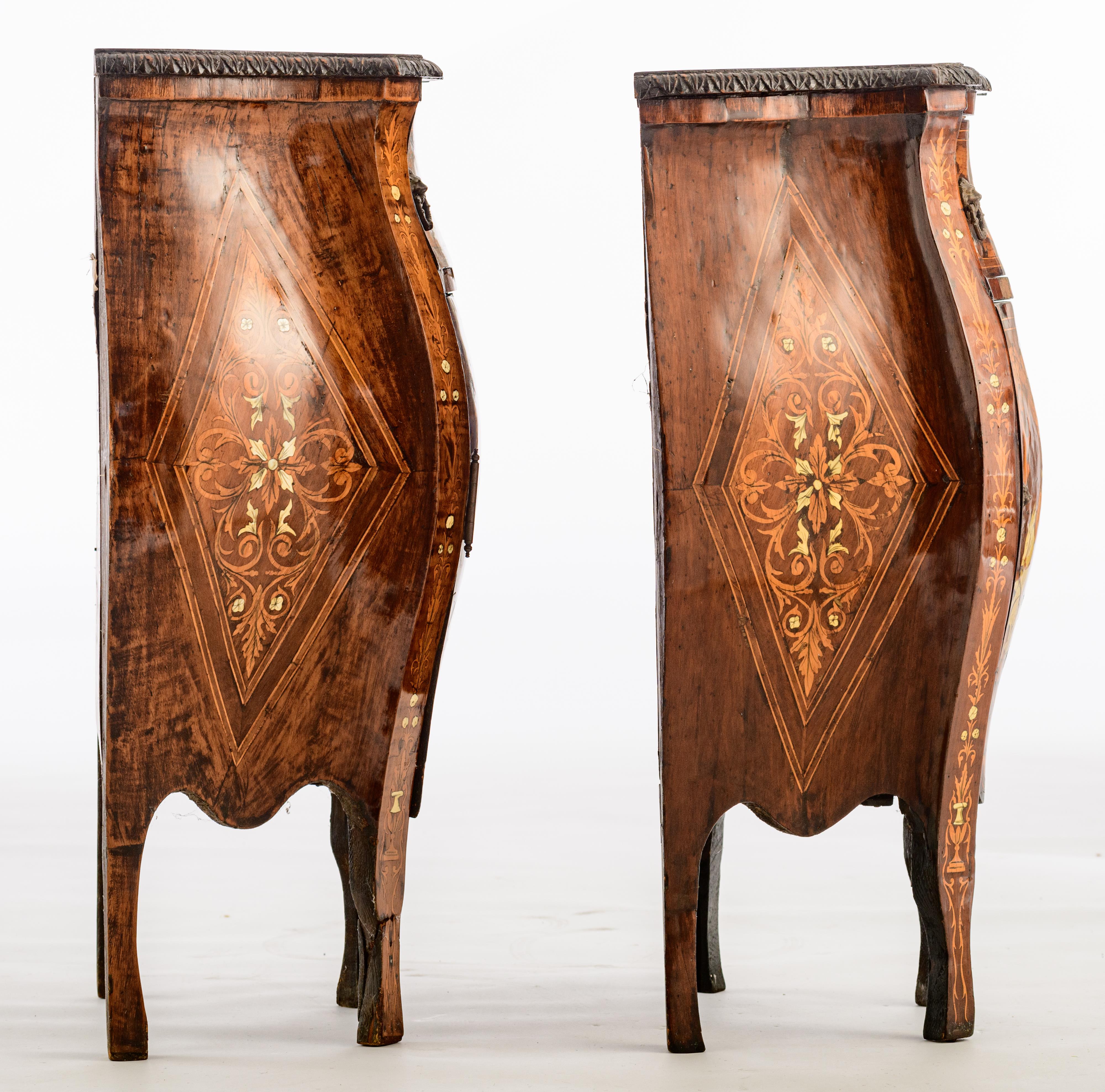 An exceptional pair of walnut veneered probably Italian Rococo side cabinets, decorated with marquet - Image 5 of 12