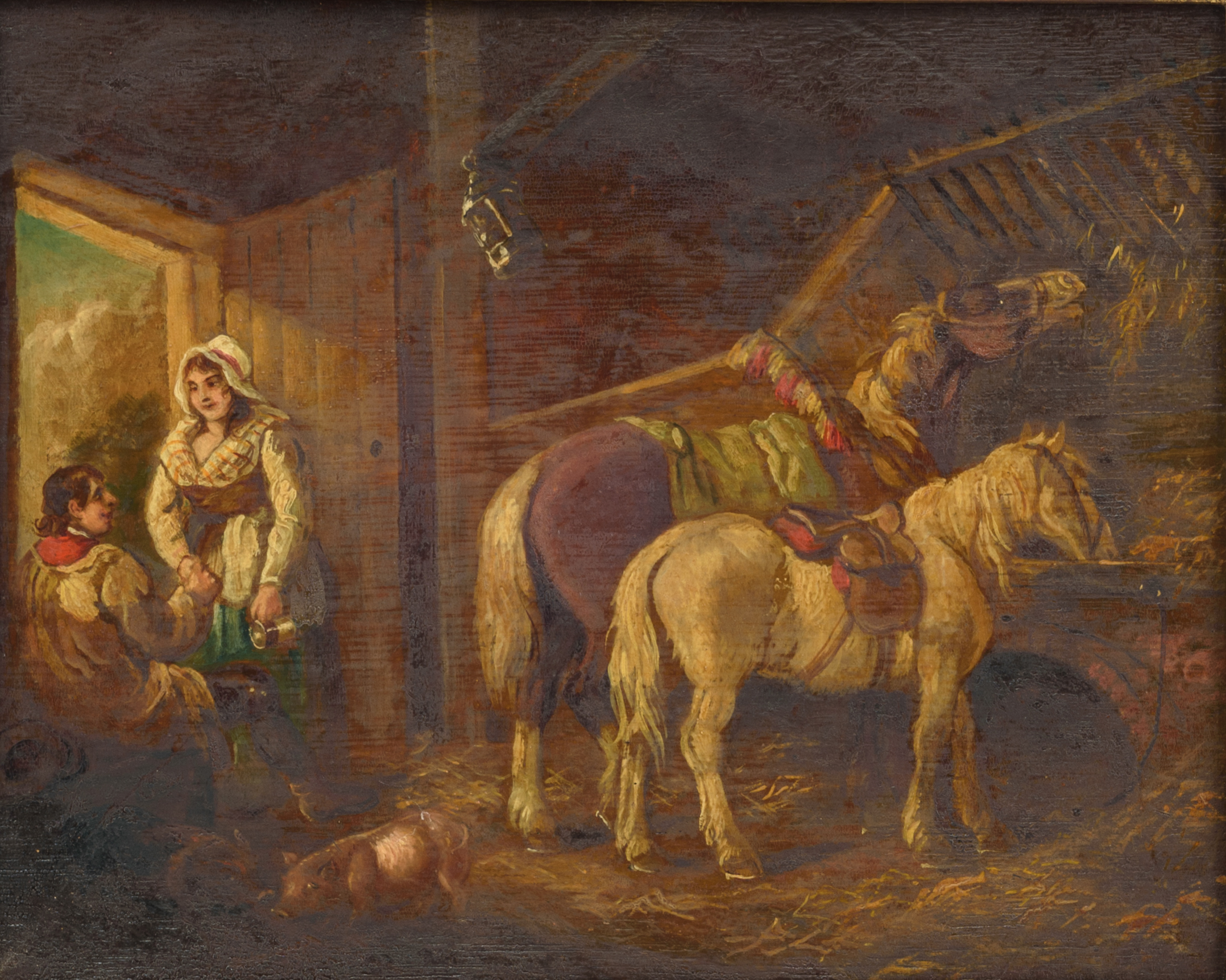 No visible signature (attributed to Georges De Morland), a romantic scene in a stable, oil on panel, - Image 2 of 14