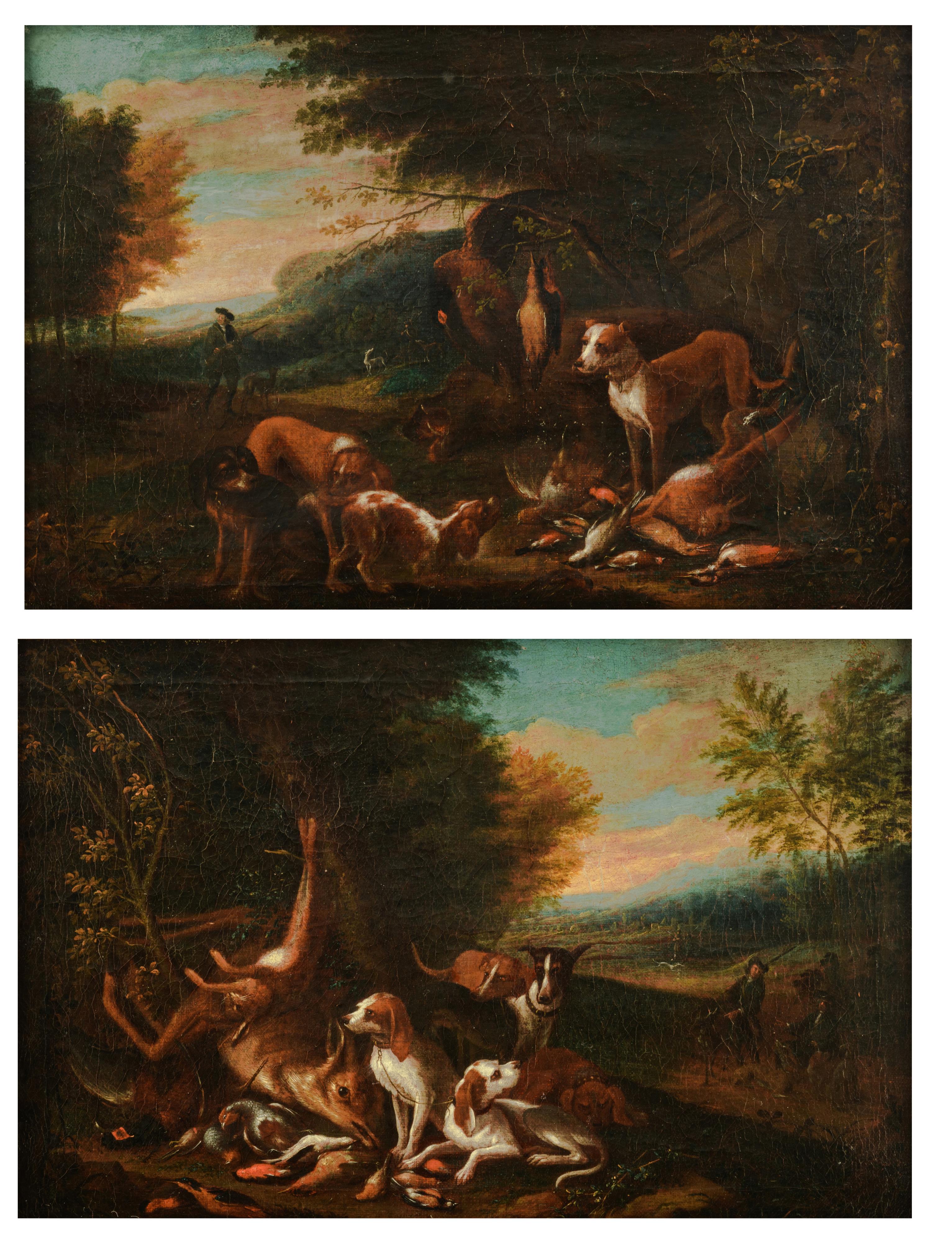 No visible signature, (in the manner of De Greyff), a pair of pendant paintings with hunting scenes,
