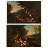 No visible signature, (in the manner of De Greyff), a pair of pendant paintings with hunting scenes,