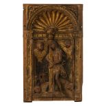 A Renaissance gilt and polychrome painted sacristy chest door, the bas relief depicting an Ecce Homo