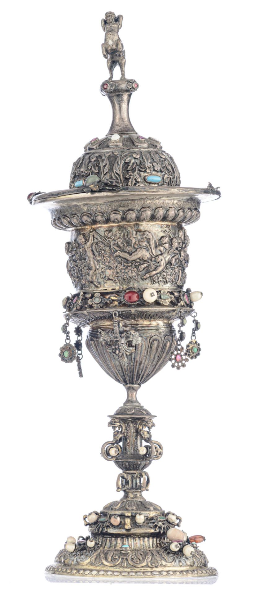 A richly decorated Renaissance style presentation cup on a matching platter, all over decorated by t - Image 4 of 13