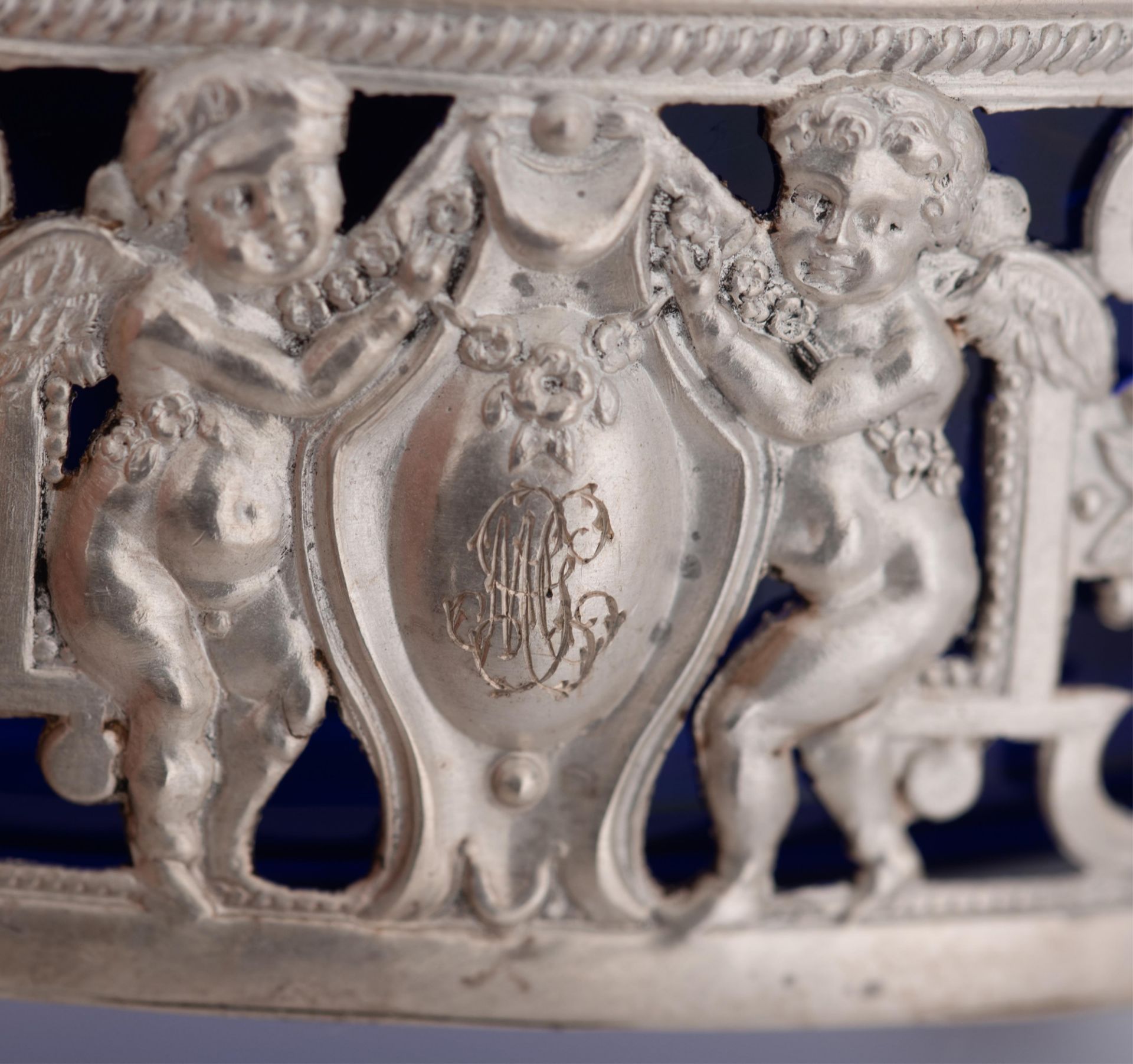 A set of eight Neoclassical silver salts with the blue glass liners and the matching spoons, French - Image 14 of 47