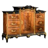 An ebonised, burr and walnut veneered German Rococo cabinet, with fine gilt bronze mounts, mid 18thC