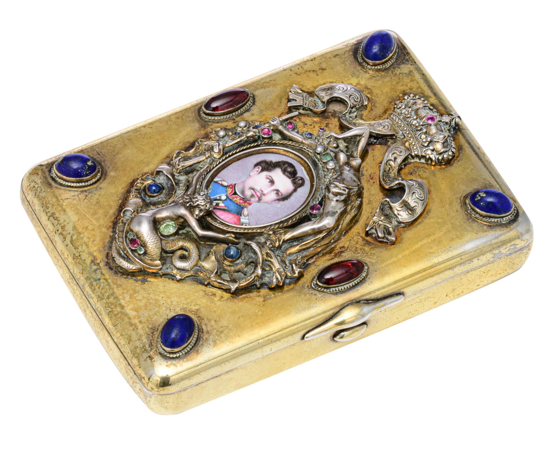 A Russian vermeil silver cigarette case, decorated with a crowned miniature portrait of Ludwig II of