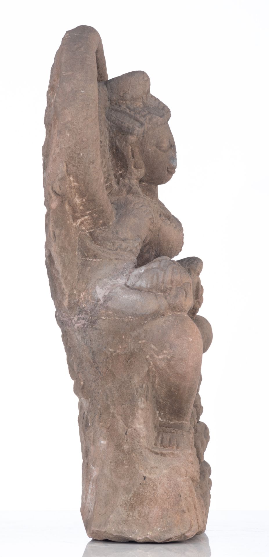 A sandstone architectural fragment of a Hindu god, India, H 58,5 - W 34 - D 19,5 cm - Bild 4 aus 14