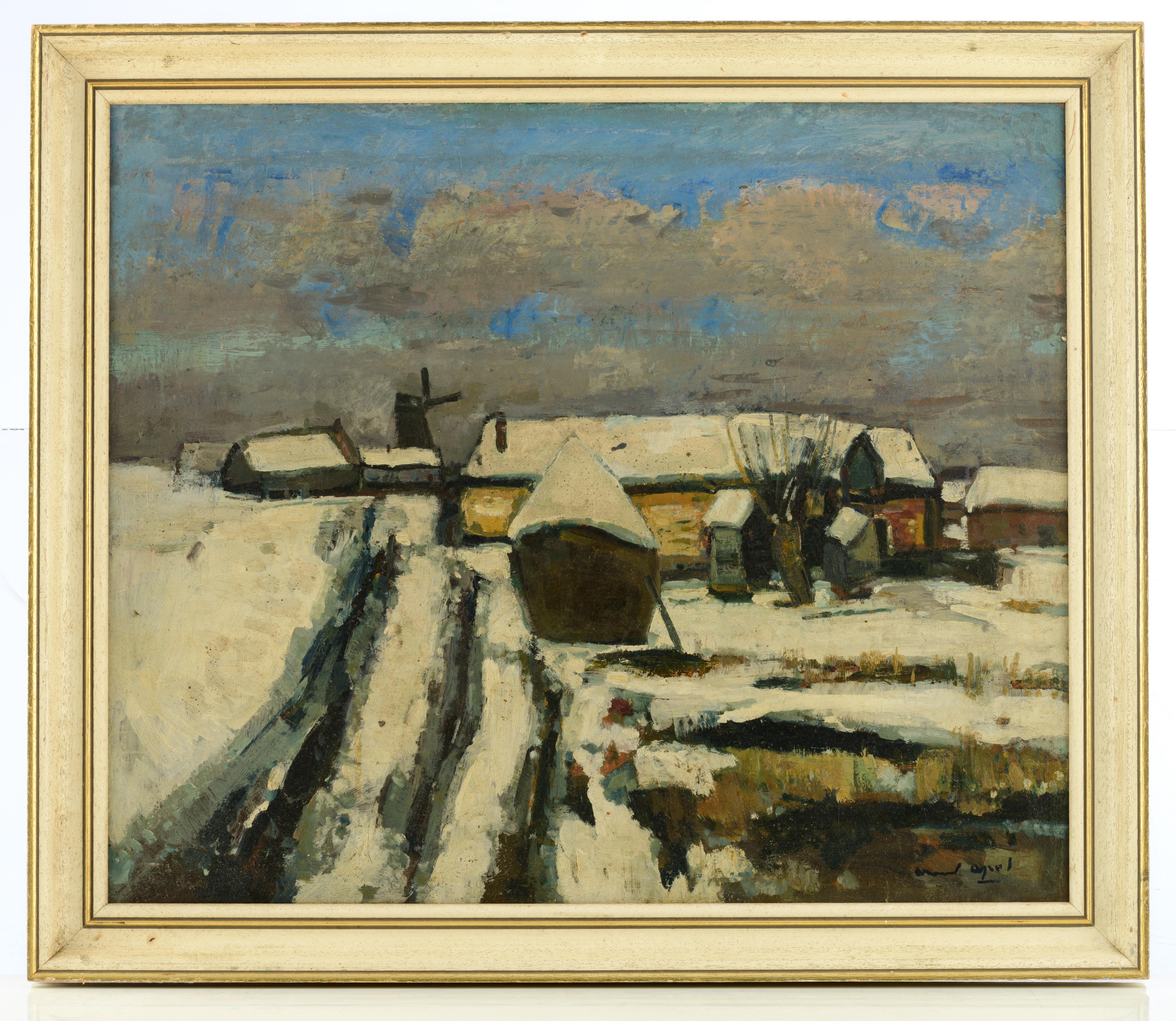 Apol A., a rural view in winter, oil on canvas, 50 x 60 cm. Added: Frank L., a cloudy view on Bruges - Image 2 of 7