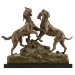 Valton Ch., two hunting dogs showing their prey, with a 'Fabrication Fran‡aise, Paris' mark, patinat