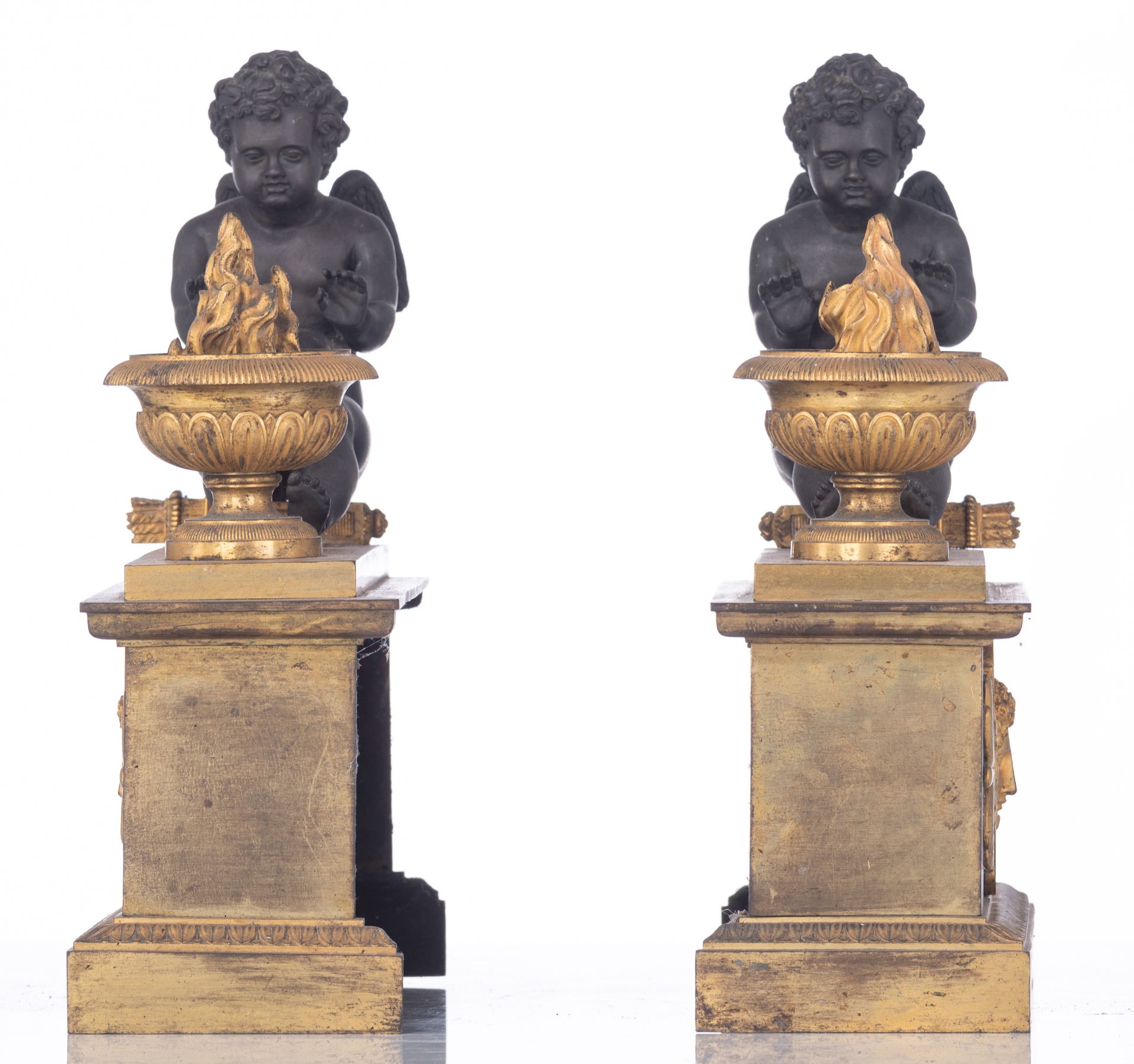 A pair of gilt and patinated Empire style chenets and andirons, the chenets decorated with female ma - Image 2 of 11