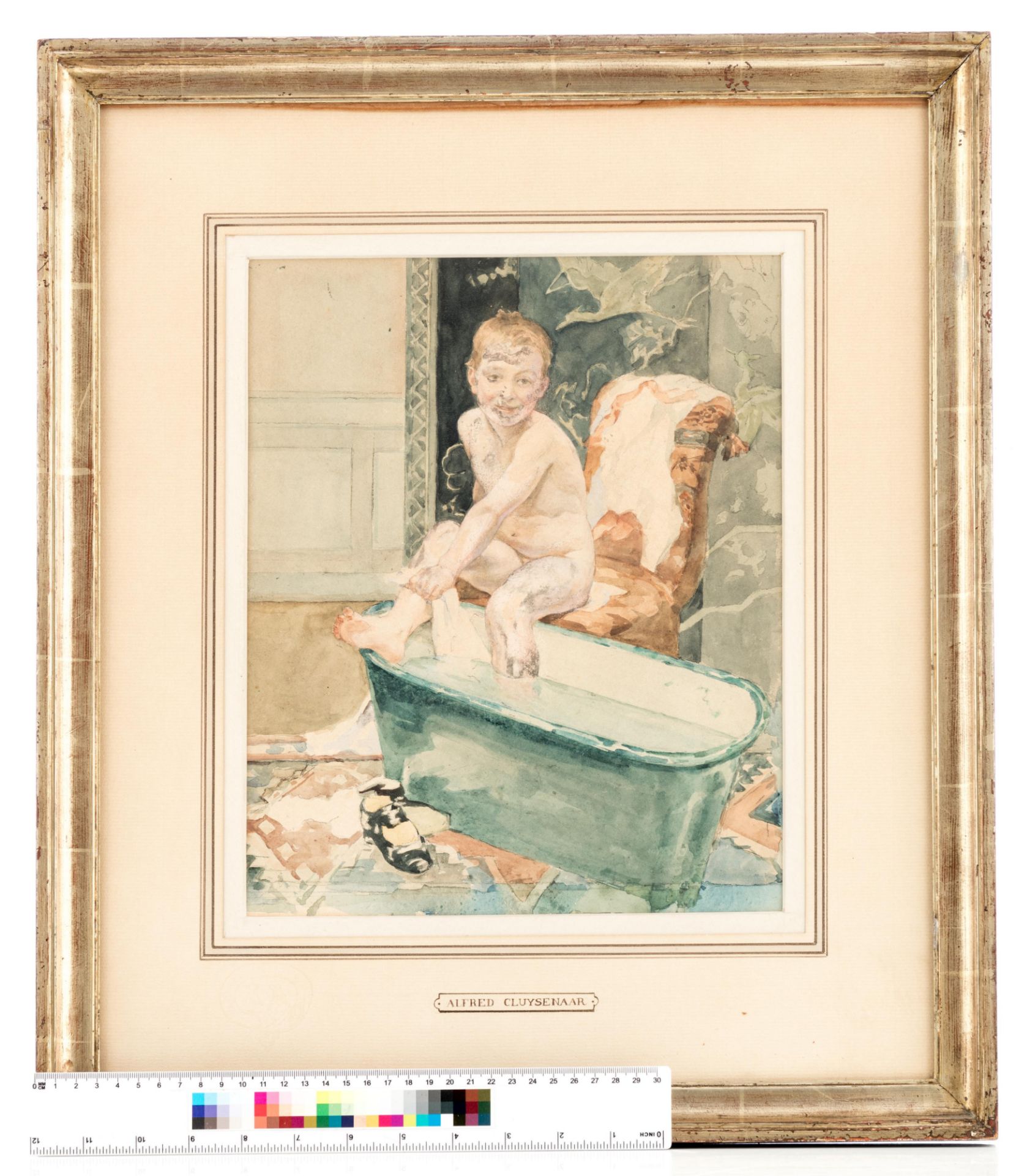 No visible signature, attributed to Cluysenaar A., a boy in the bathtub, pencil and watercolour on p - Image 6 of 6