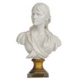 Comein P., 'Desesperanza', a biscuit bust on a brass and green granite marble base, H 53 cm