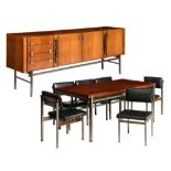 A vintage '60s rosewood veneered salon set, by Alfred Hendrickx, consisting of a dining table with s