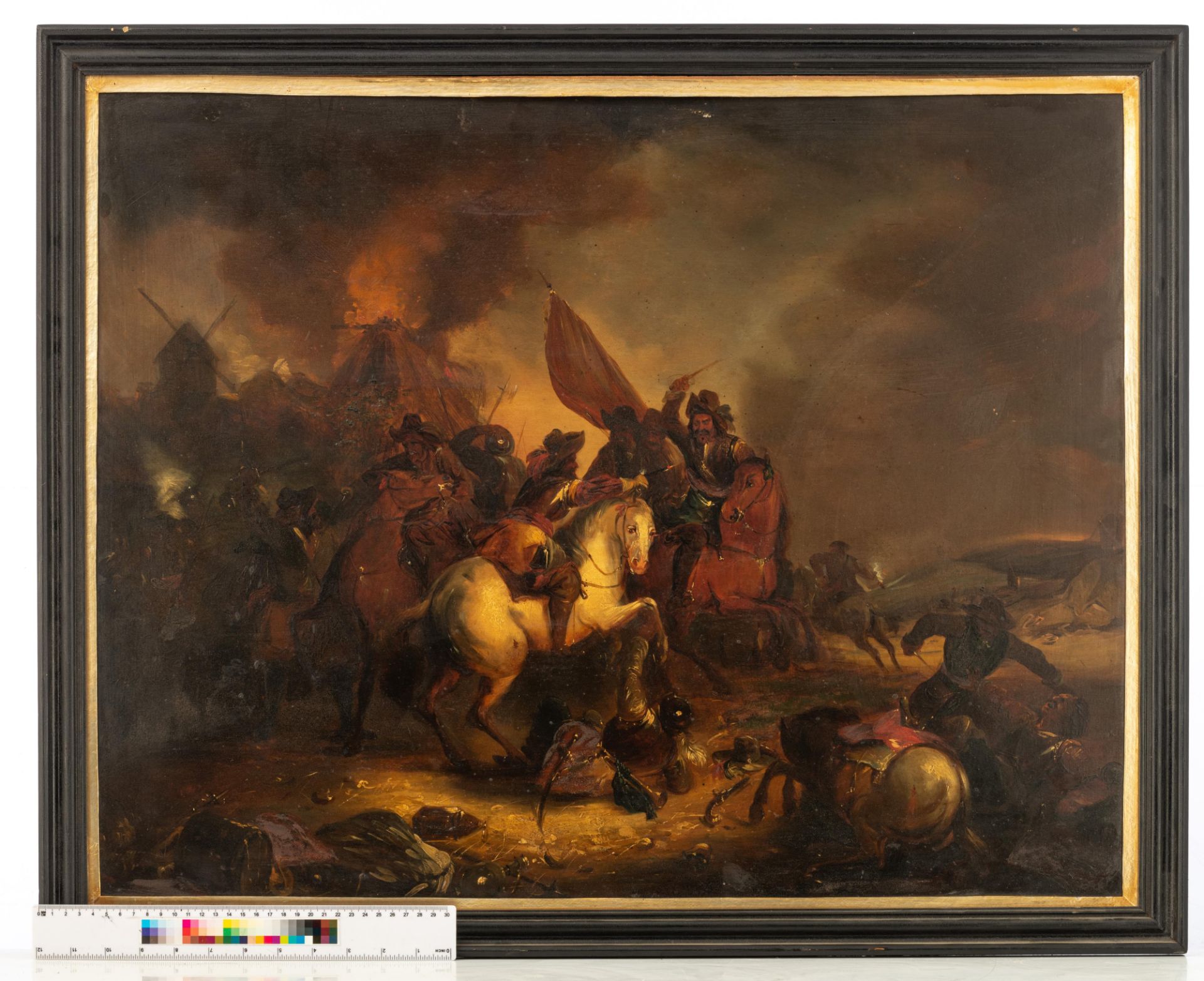 No visible signature, the heat of the battle, 19thC, oil on panel, 62 x 79 cm - Image 8 of 8