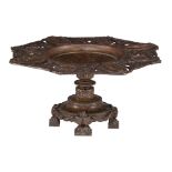 A patinated bronze Renaissance-inspired tazza, the top decorated with basso-relievo medallions, depi