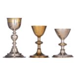 Two silver and gilt silver 19thC chalices, one with the inscription 'Capucijnessen - Brugge', weight