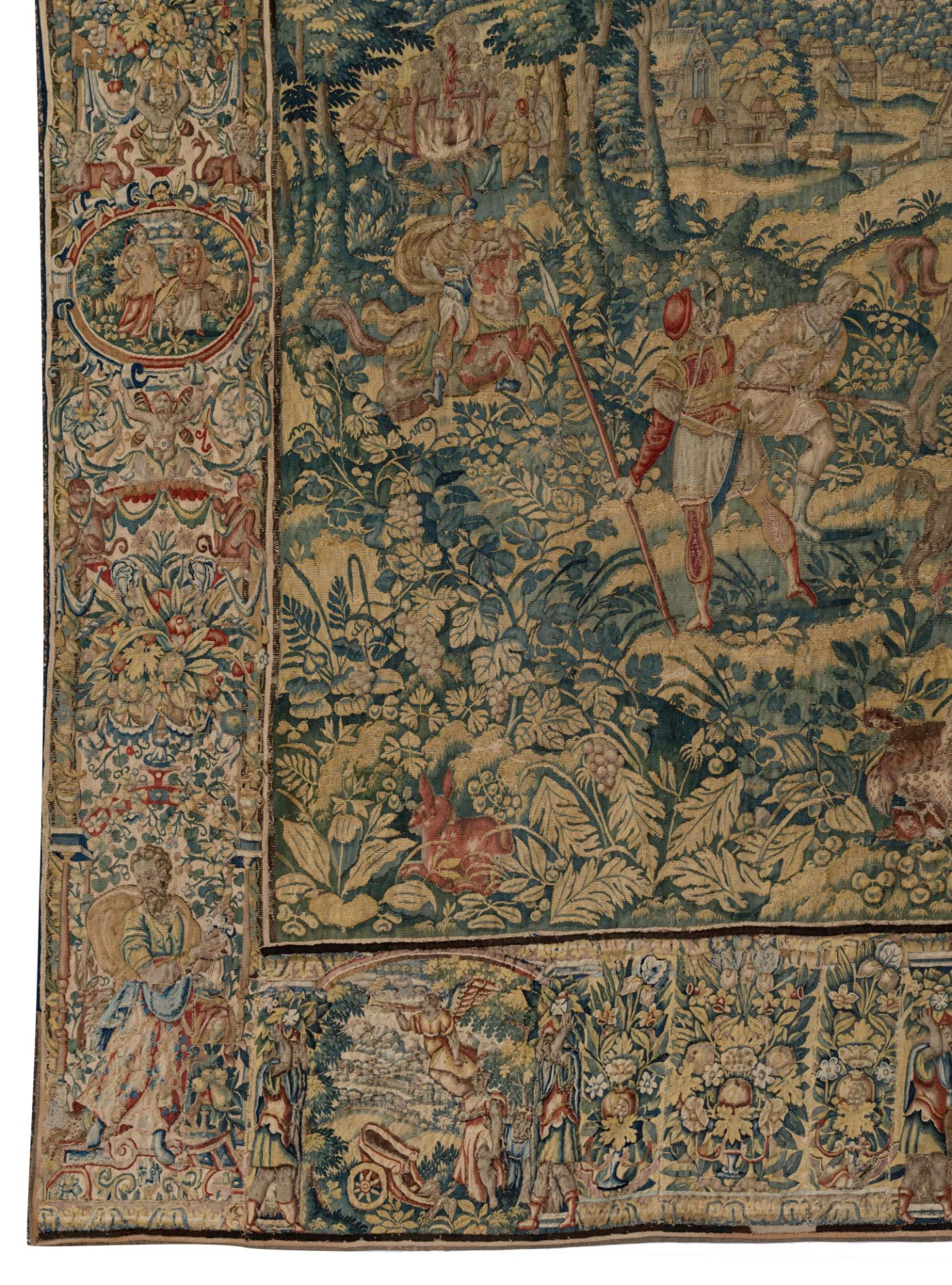 A Flemish wall tapestry, depicting wild boar hunting scenes, the border richly decorated with variou - Bild 8 aus 26
