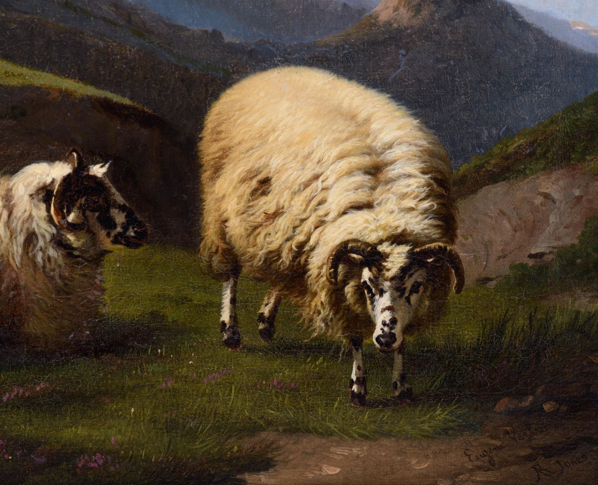 (Verboeckhoven E.) and Jones R., sheep in a mountainous landscape, oil on canvas, 39,5 x 56,5 cm - Image 6 of 8