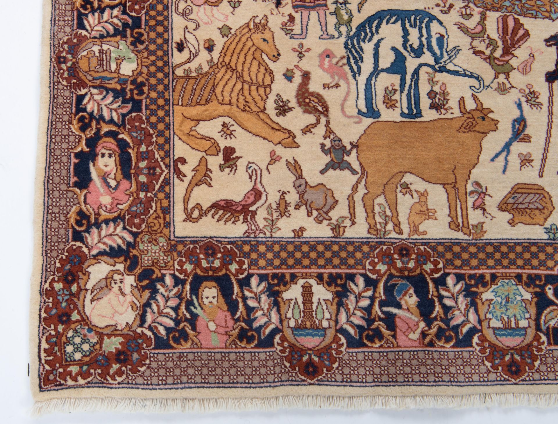 An Oriental rug depicting in the centre a procession surrounded by exotic and mythical animals, 249 - Bild 10 aus 11