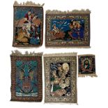 Three Oriental Isphahan rugs, decorated with figures in a landscape. Added: a ditto rug depicting pa