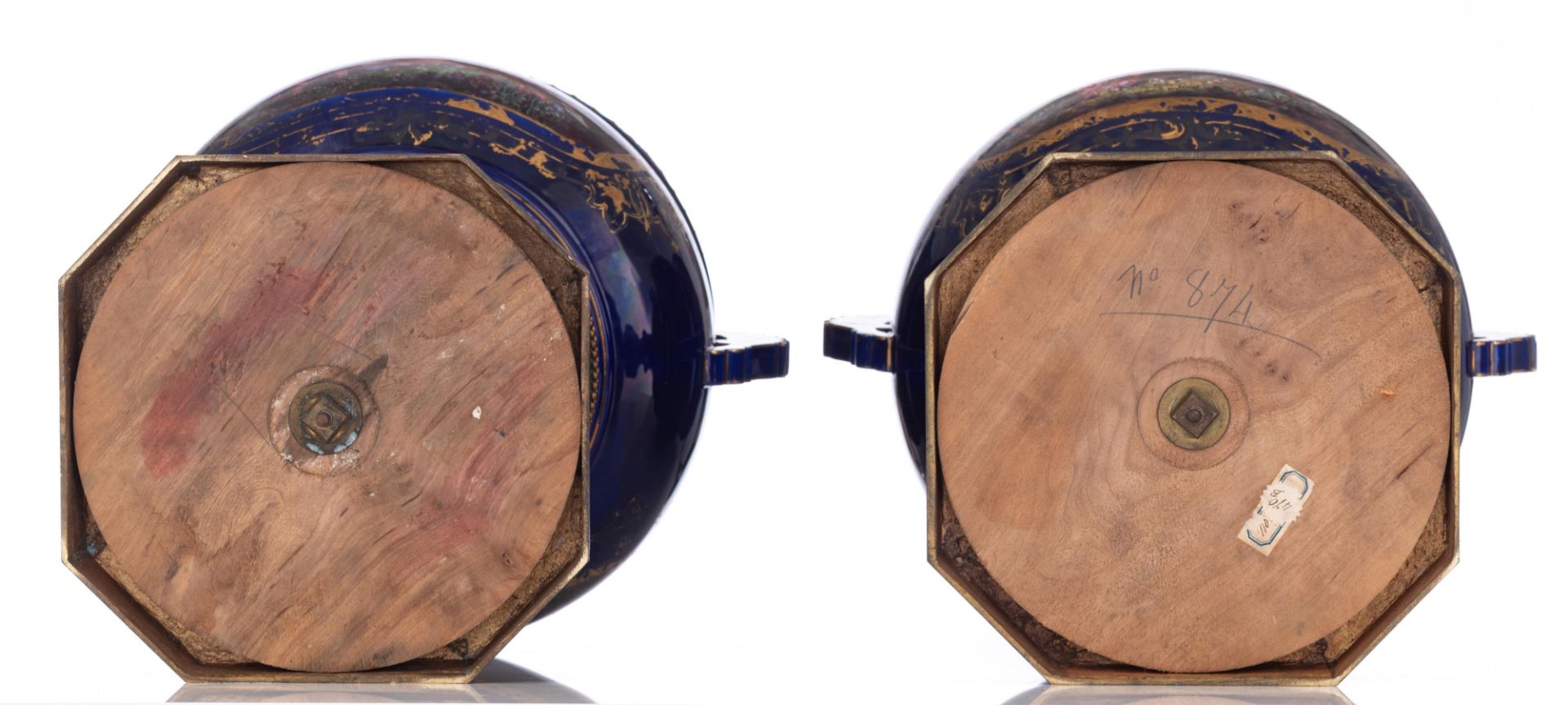 A pair of bleu royale ground SŠvres vases with brass mounts, the roundels polychrome decorated with - Image 5 of 13