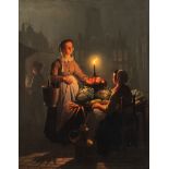 In the manner of Petrus van Schendel, a market scene in clair-obscur, oil on panel, 36 x 46 cm