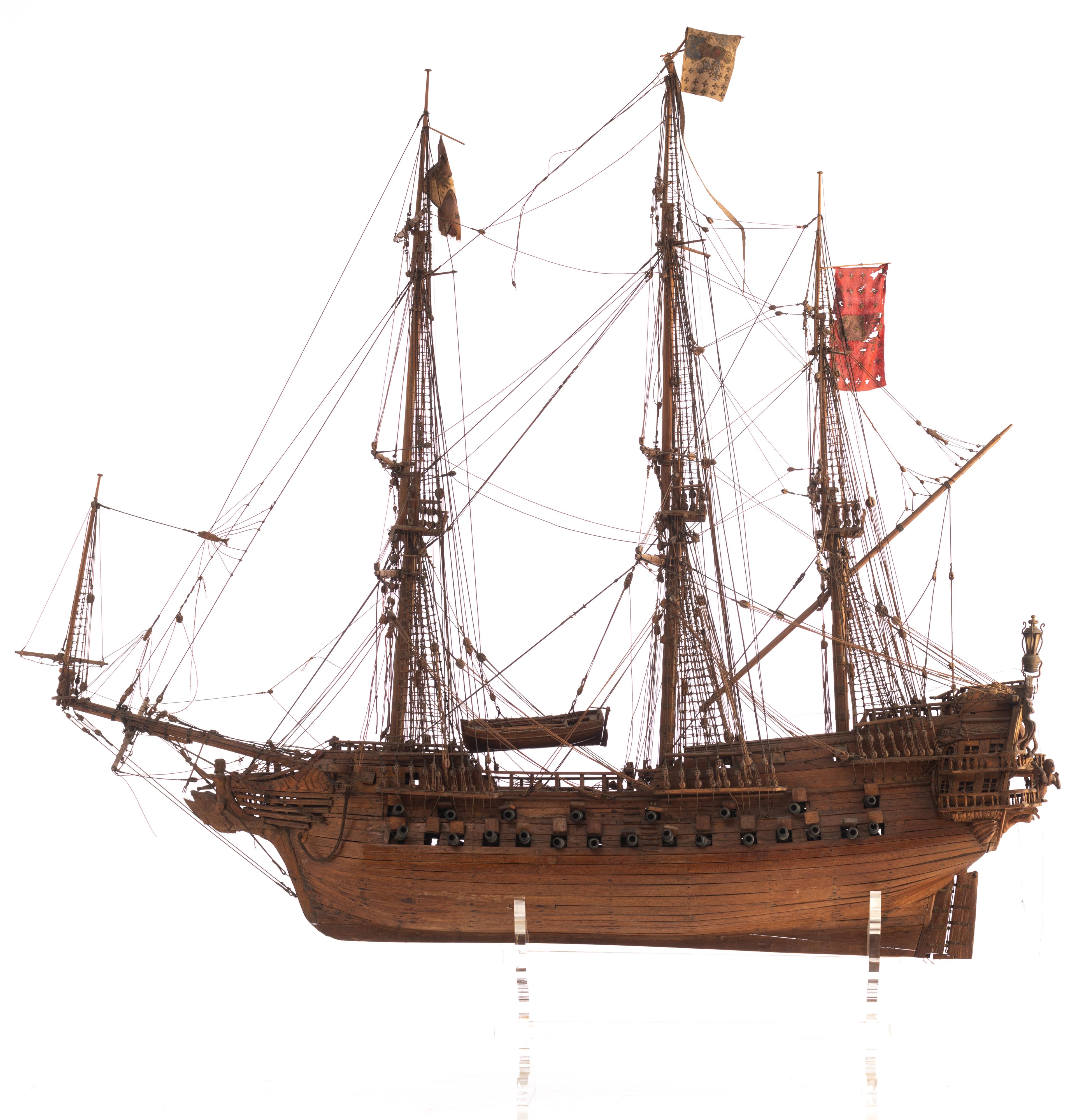 The 'Neptune', a 19thC ship model of a 17thC Spanish galleon, on a plexiglass base, H 110 - W 117 cm - Image 3 of 8