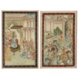 Two Ottoman gouaches on textile, one depicting a battle scene, one depicting a court scene, 32 x 42