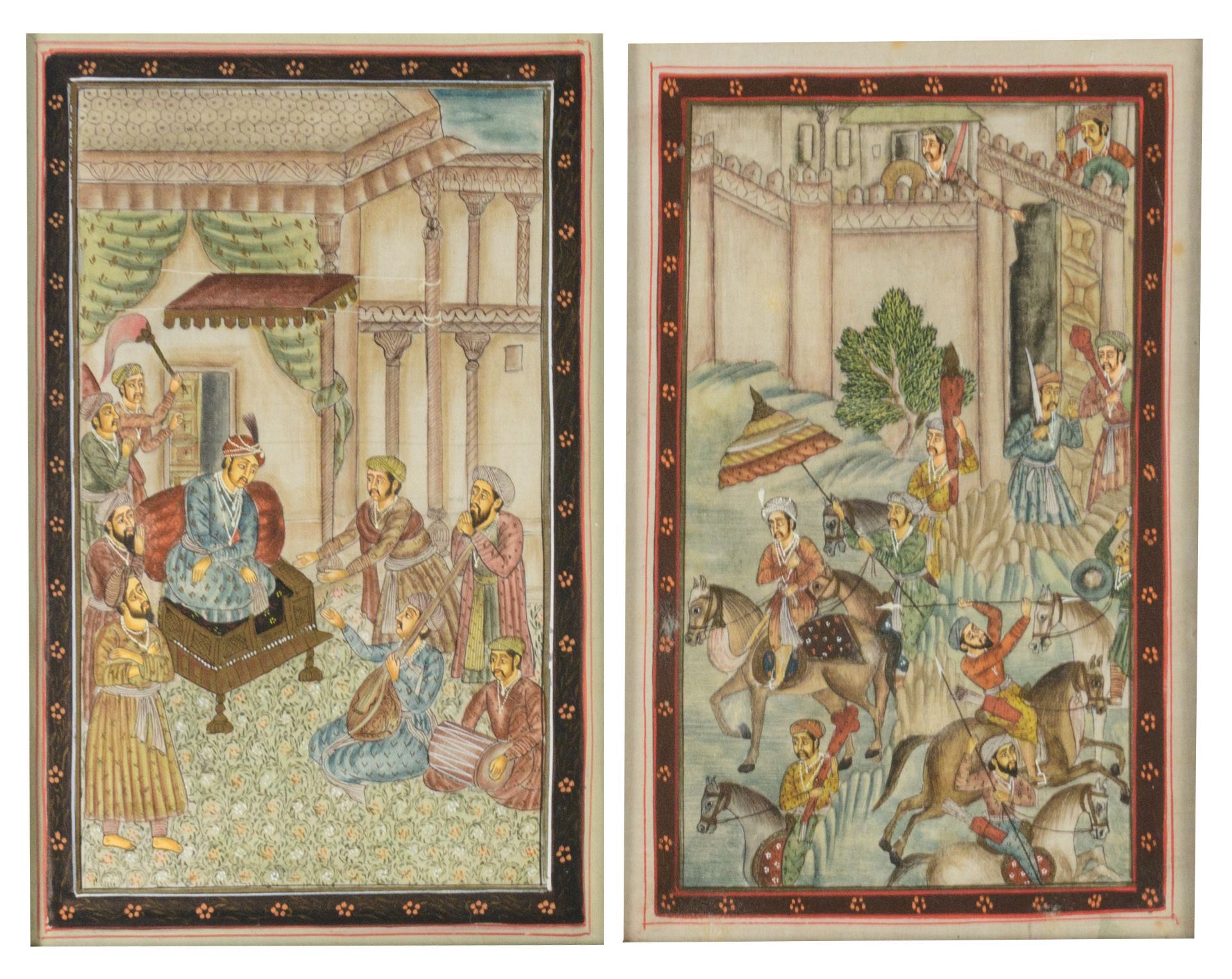 Two Ottoman gouaches on textile, one depicting a battle scene, one depicting a court scene, 32 x 42