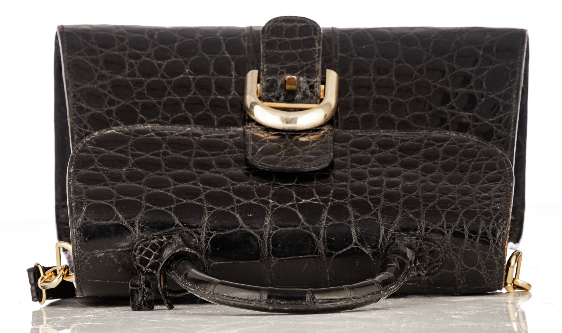A Delvaux Brilliant handbag in black croco, 1977, with the original certificate and dustbag, H 21 x - Image 6 of 12