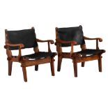 A pair of vintage walnut armchairs with leather seating and backrest, H 77 - W 62 - D 63 cm,