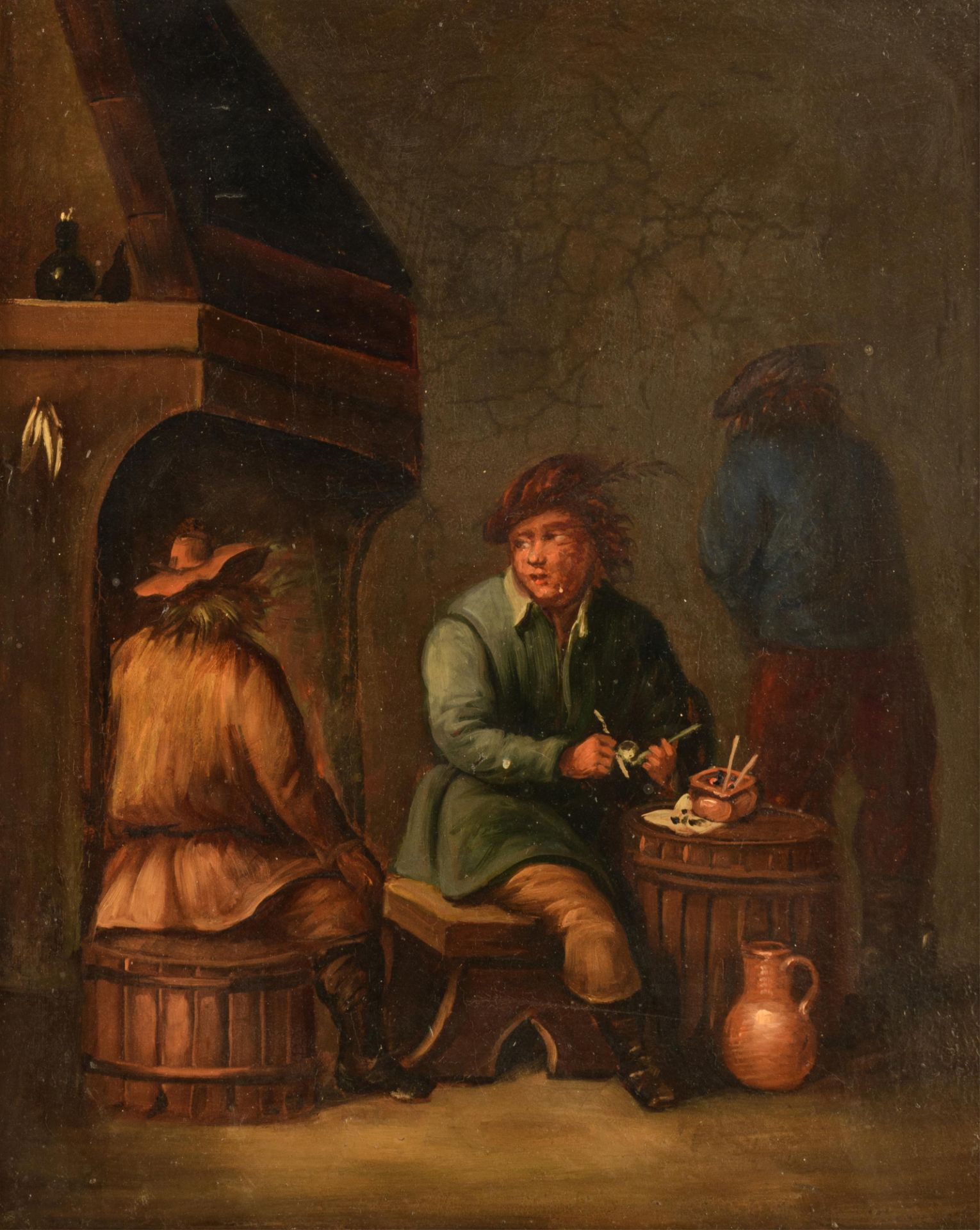 No visible signature, a genre painting in the manner of Teniers, 19thC, oil on canvas, 23 x 40 cm