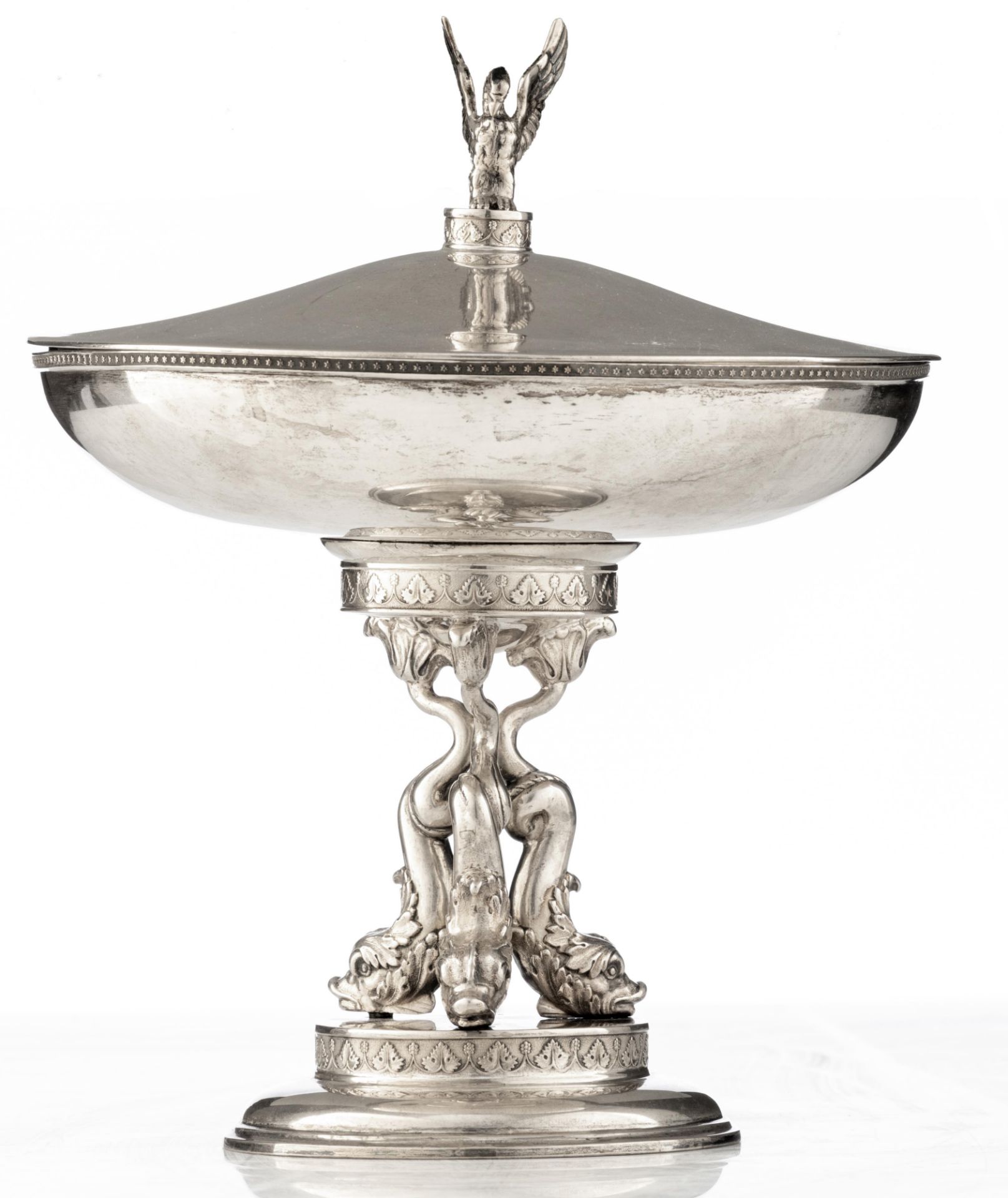 A Neoclassical silver covered tazza, the foot supported by dolphins, with vermeil to the inside, ded - Image 5 of 16