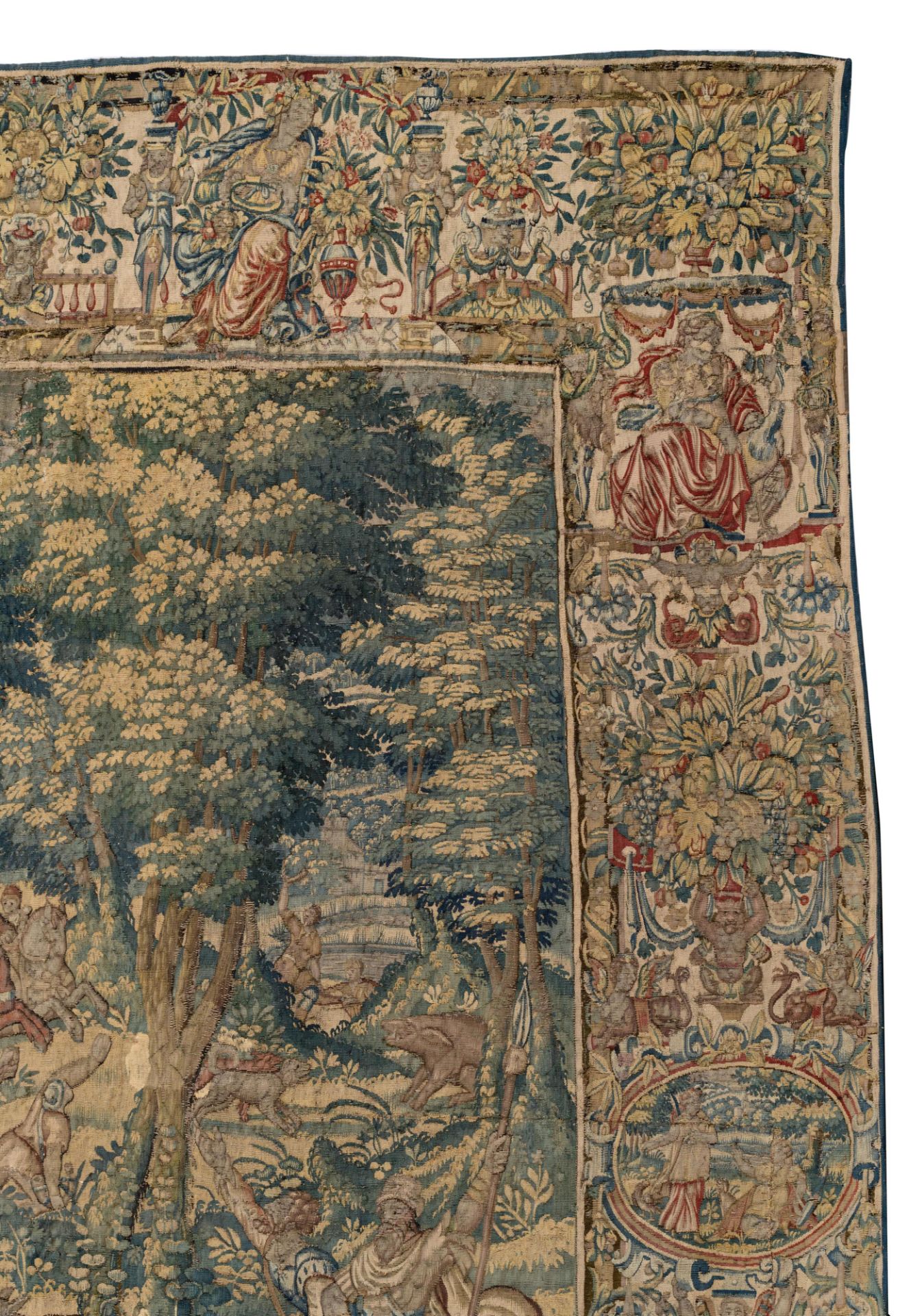 A Flemish wall tapestry, depicting wild boar hunting scenes, the border richly decorated with variou - Bild 14 aus 26