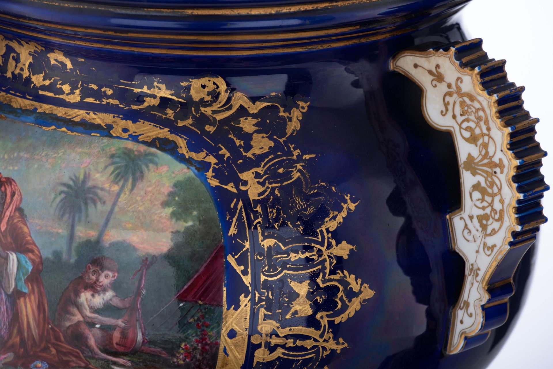 A pair of bleu royale ground SŠvres vases with brass mounts, the roundels polychrome decorated with - Image 12 of 13