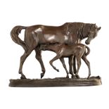 MŠne P.J., a horse nursing her foal, patinated bronze, H 18 - W 27 cm