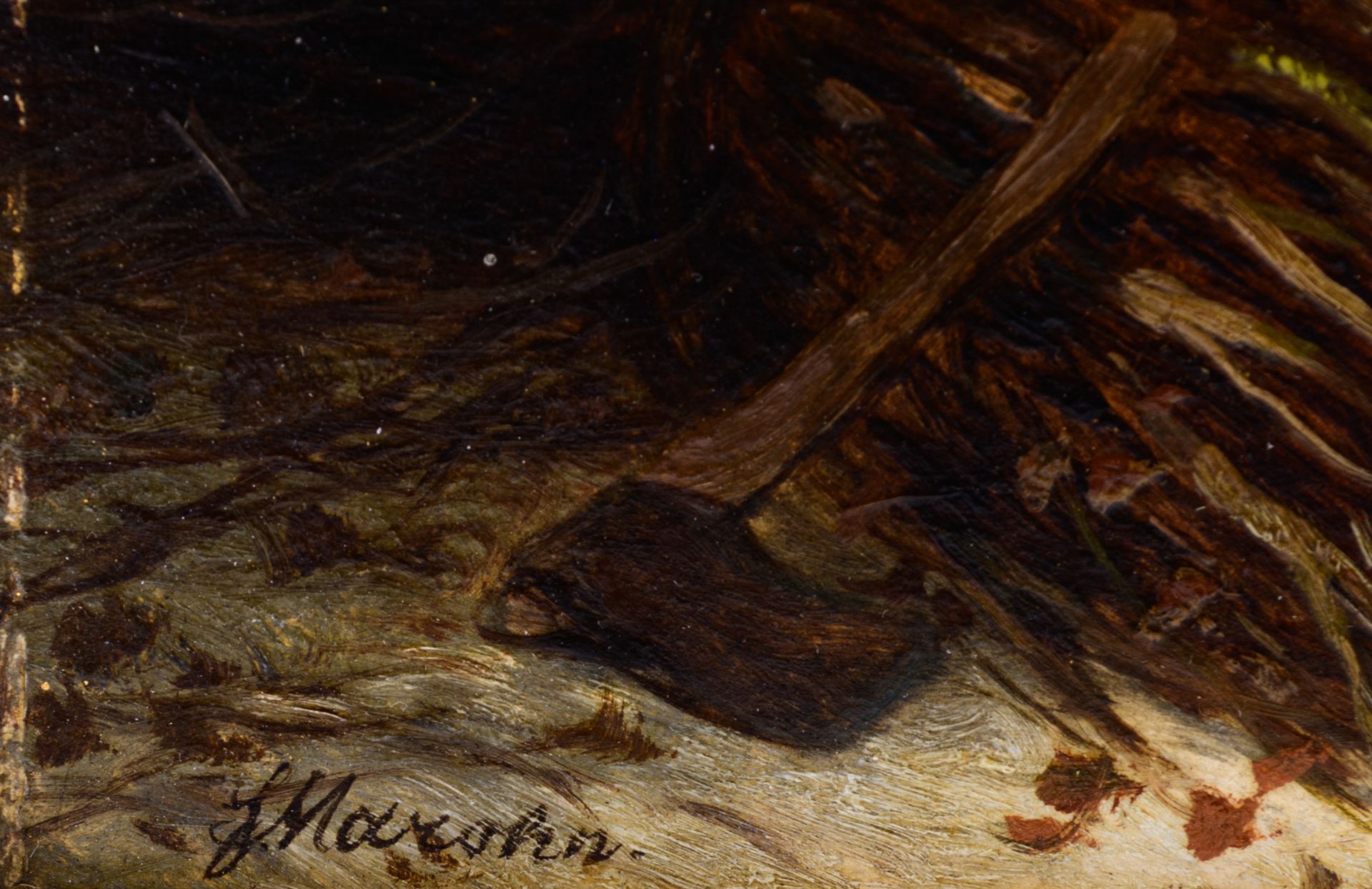 Mar”hn F., poor children gathering wood in winter, oil on panel, 25 x 31 cm - Bild 5 aus 7