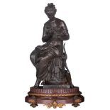 Moreau M., 'Diana', patinated bronze on a rouge Napoleon marble base with gilt bronze Neoclassical m